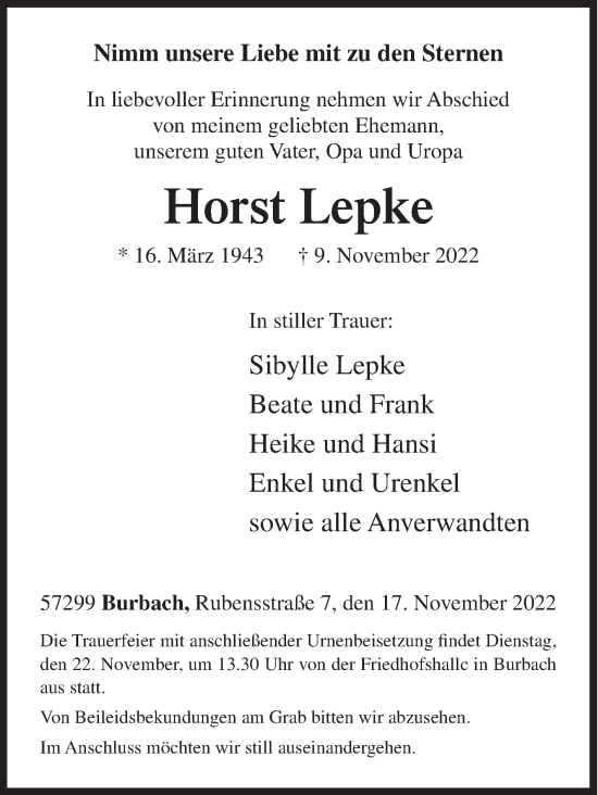 Traueranzeige von Horst Lepke von Siegener Zeitung