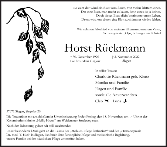 Traueranzeige von Horst Rückmann von Siegener Zeitung