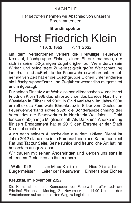 Traueranzeige von Horst Friedrich Klein von Siegener Zeitung