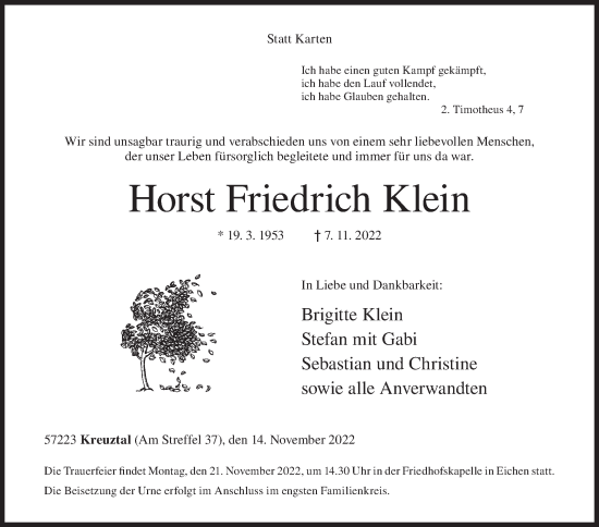 Traueranzeige von Horst Friedrich Klein von Siegener Zeitung
