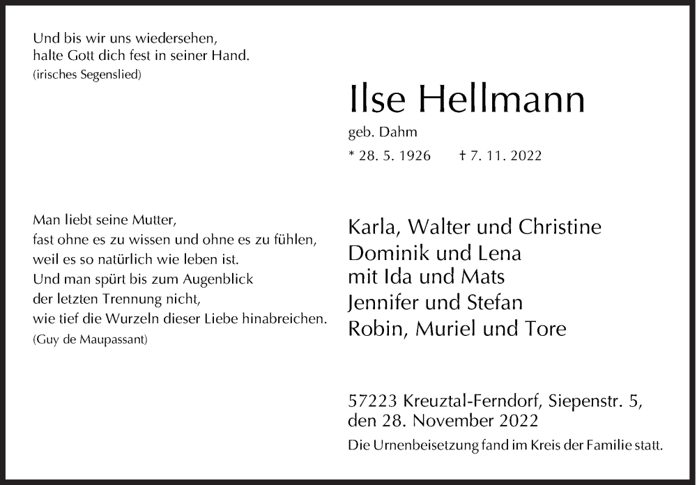  Traueranzeige für Ilse Hellmann vom 28.11.2022 aus Siegener Zeitung