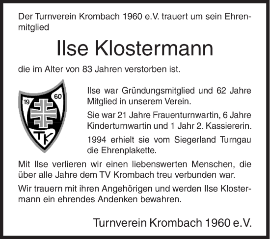 Traueranzeige von Ilse Klostermann von Siegener Zeitung