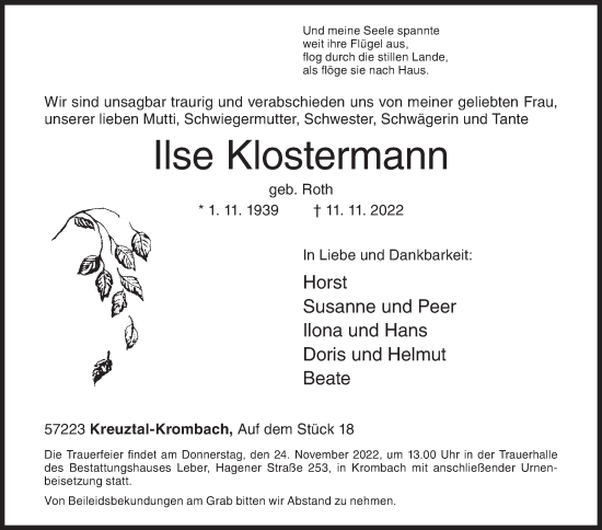 Traueranzeige von Ilse Klostermann von Siegener Zeitung