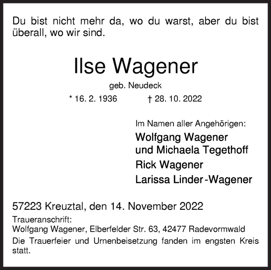 Traueranzeige von Ilse Wagener von Siegener Zeitung