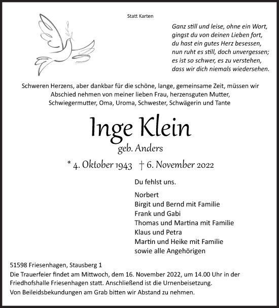 Traueranzeige von Inge Kein von Siegener Zeitung