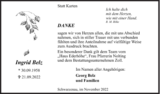 Traueranzeige von Ingrid Belz von Siegener Zeitung
