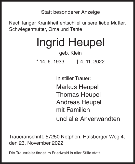 Traueranzeige von Ingrid Heupel von Siegener Zeitung