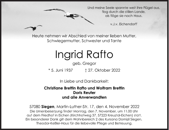 Traueranzeige von Ingrid Rafto von Siegener Zeitung