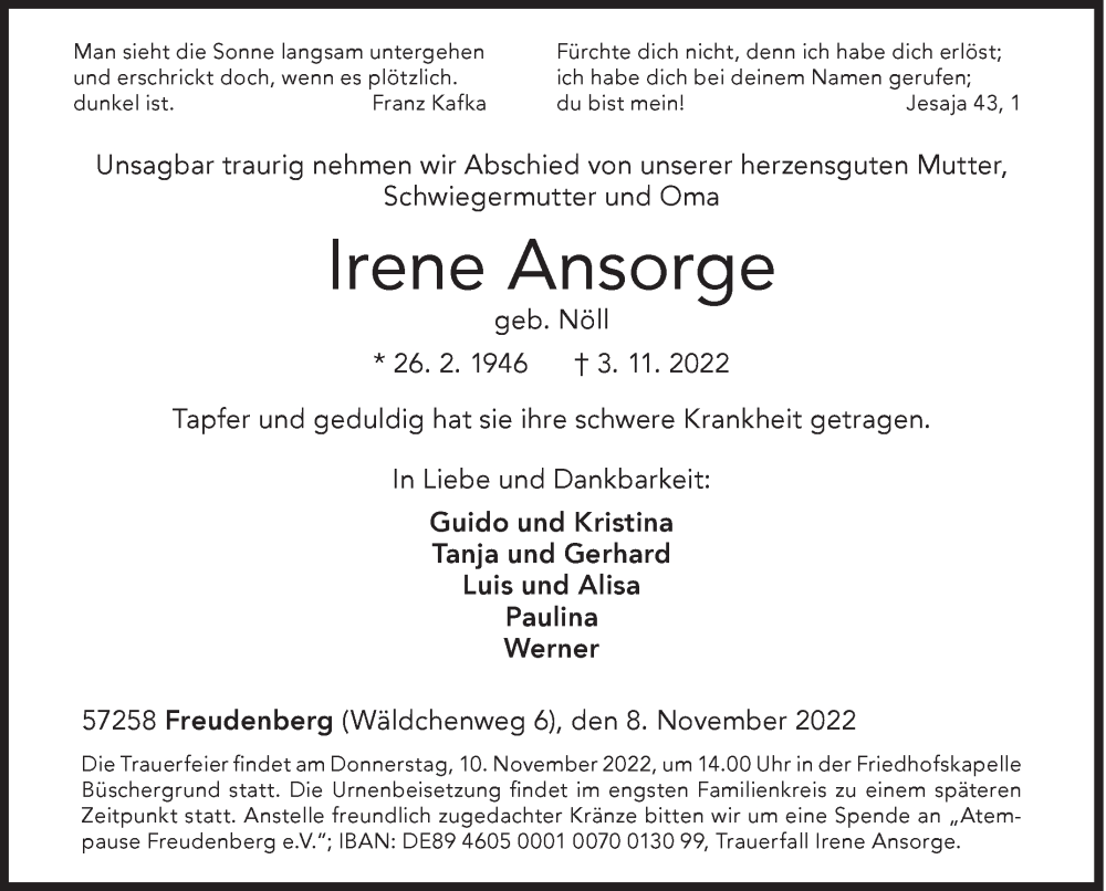  Traueranzeige für Irene Ansorge vom 08.11.2022 aus Siegener Zeitung