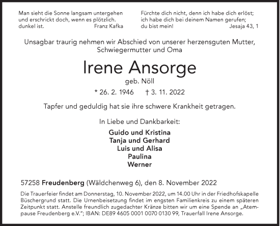 Traueranzeige von Irene Ansorge von Siegener Zeitung