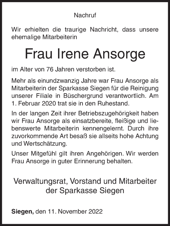 Traueranzeige von Irene Ansorge von Siegener Zeitung