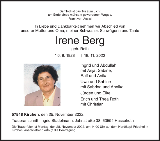 Traueranzeige von Irene Berg von Siegener Zeitung