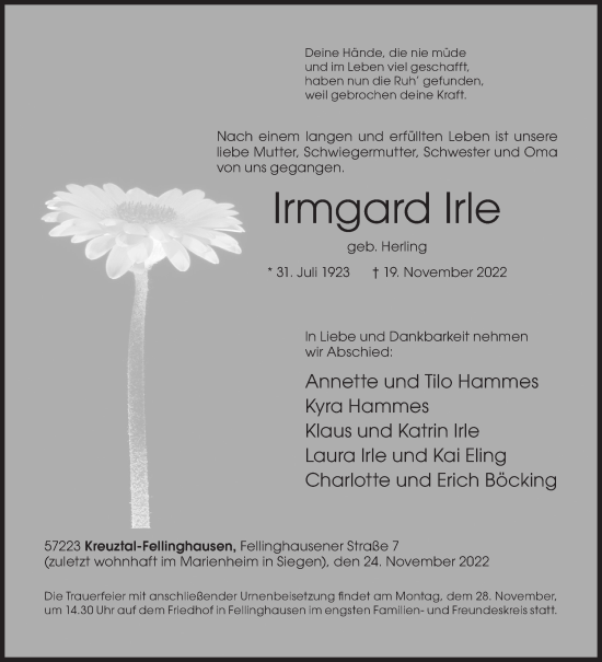 Traueranzeige von Irmgard Irle von Siegener Zeitung