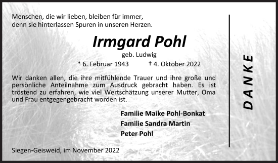 Traueranzeige von Irmgard Pohl von Siegener Zeitung