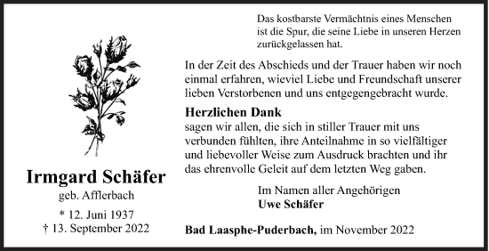 Traueranzeige von Irmgard Schäfer von Siegener Zeitung