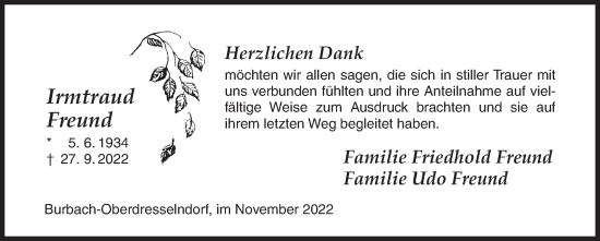 Traueranzeige von Irmtraud Freund von Siegener Zeitung
