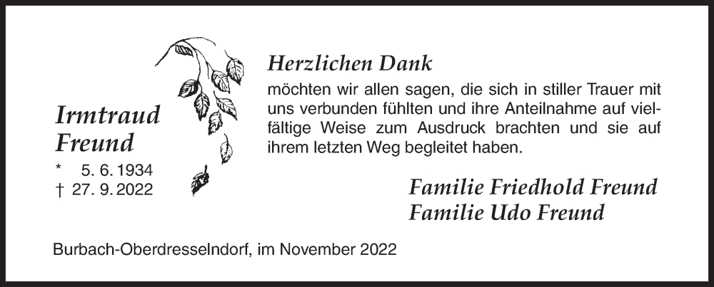  Traueranzeige für Irmtraud Freund vom 12.11.2022 aus Siegener Zeitung
