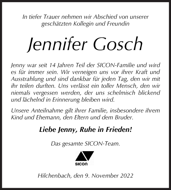 Traueranzeige von Jennifer Gosch von Siegener Zeitung