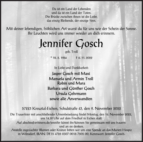 Traueranzeige von Jennifer Gosch von Siegener Zeitung