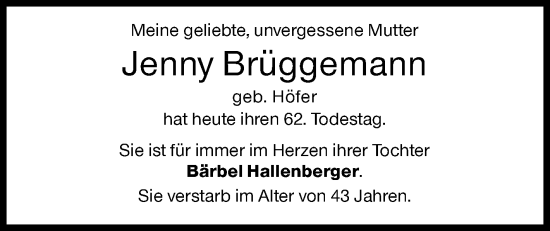 Traueranzeige von Jenny Brüggemann von Siegener Zeitung