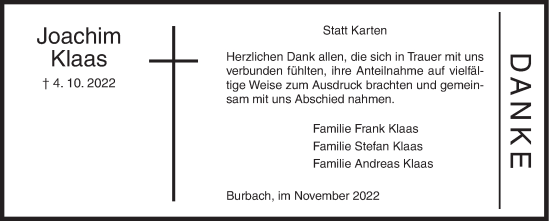 Traueranzeige von Joachim Klaas von Siegener Zeitung