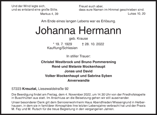 Traueranzeige von Johanna Hermann von Siegener Zeitung