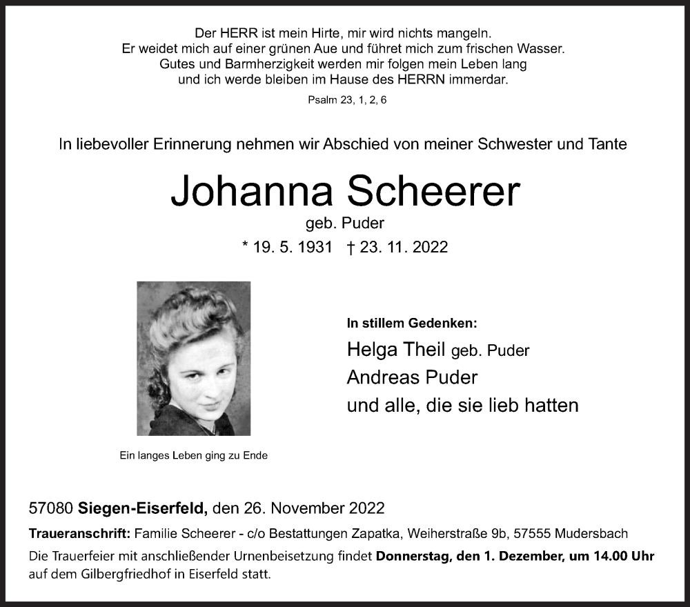  Traueranzeige für Johanna Scheerer vom 26.11.2022 aus Siegener Zeitung