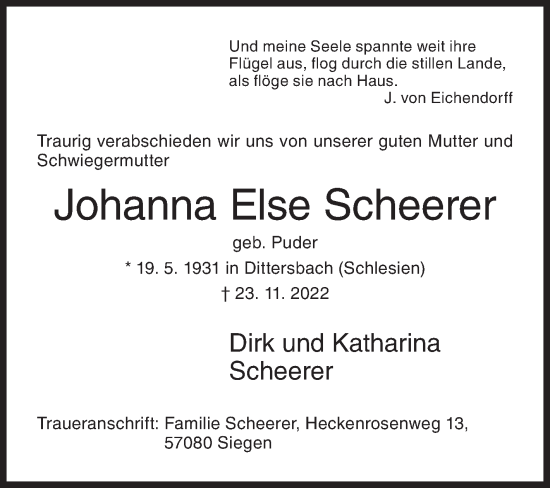 Traueranzeige von Johanna Else Scheerer von Siegener Zeitung