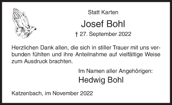 Traueranzeige von Josef Bohl von Siegener Zeitung