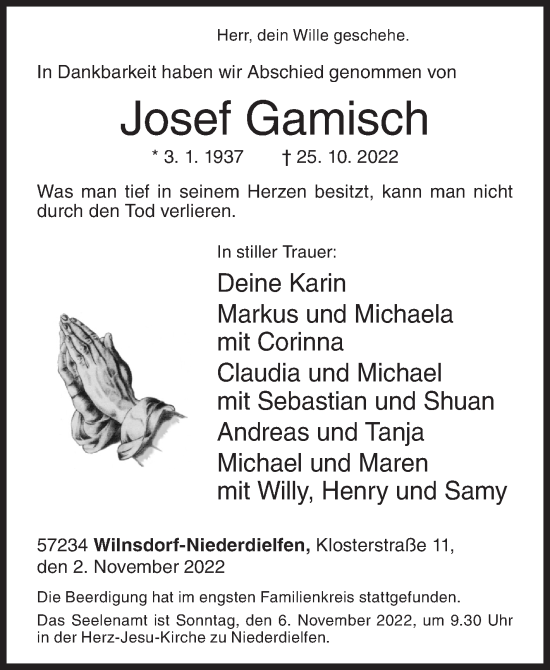 Traueranzeige von Josef Gamisch von Siegener Zeitung