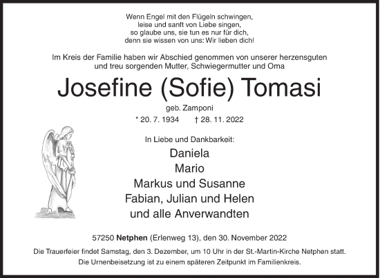 Traueranzeige von Josefine Tomasi von Siegener Zeitung
