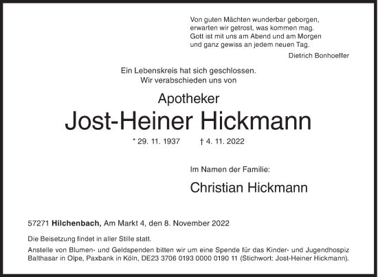 Traueranzeige von Jost-Heiner Hickmann von Siegener Zeitung