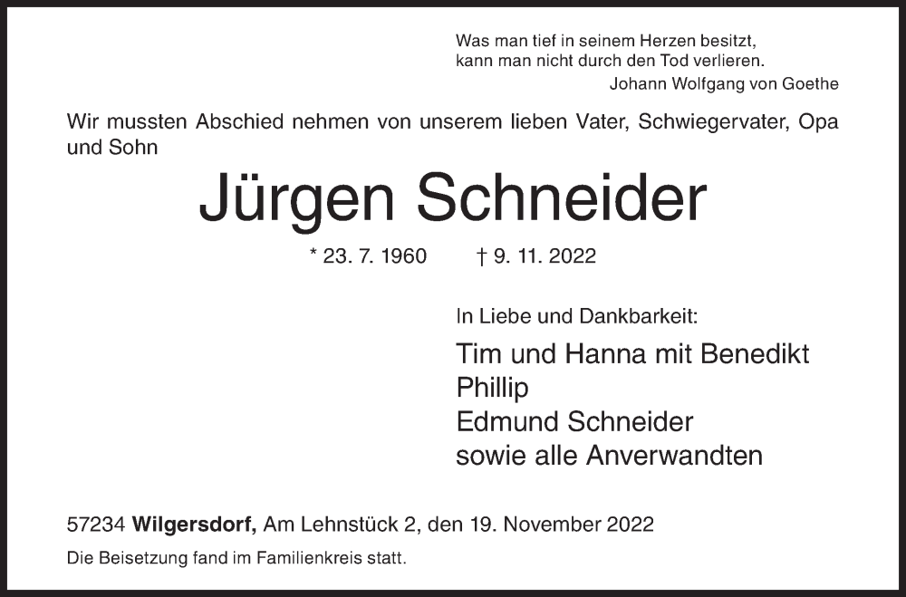  Traueranzeige für Jürgen Schneider vom 19.11.2022 aus Siegener Zeitung