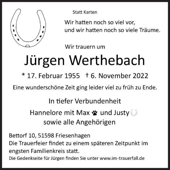 Traueranzeige von Jürgen Werthebach von Siegener Zeitung