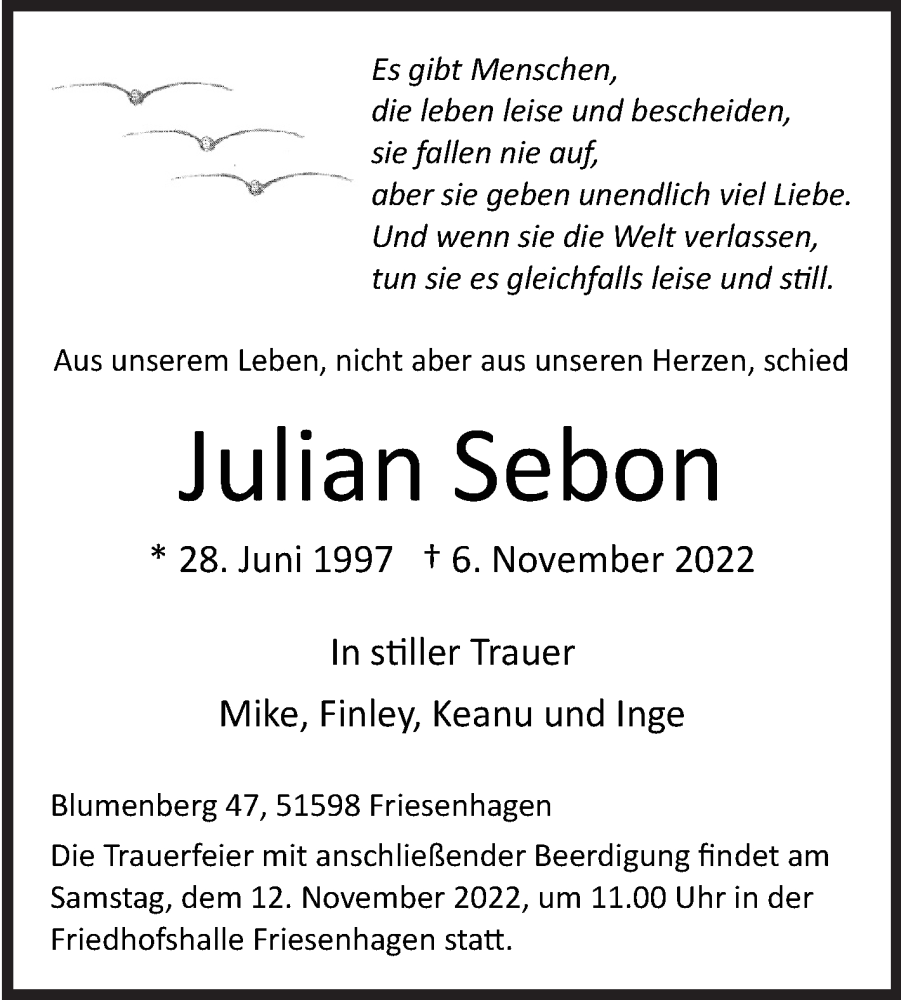  Traueranzeige für Julian Sebon vom 09.11.2022 aus Siegener Zeitung