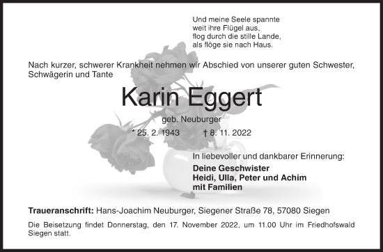 Traueranzeige von Karin Eggert von Siegener Zeitung