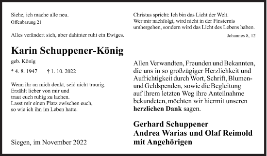 Traueranzeige von Karin Schuppener-König von Siegener Zeitung