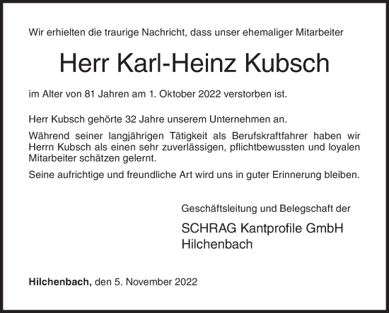 Traueranzeige von Karl-Heinz Kubsch von Siegener Zeitung