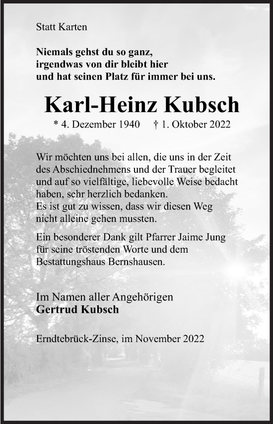 Traueranzeige von Karl-Heinz Kubsch von Siegener Zeitung
