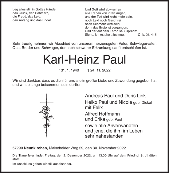 Traueranzeige von Karl-Heinz Paul von Siegener Zeitung