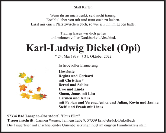 Traueranzeige von Karl-Ludwig Dickel von Siegener Zeitung