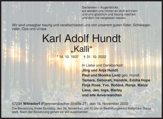 Traueranzeige von Karl Adolf Hundt von Siegener Zeitung
