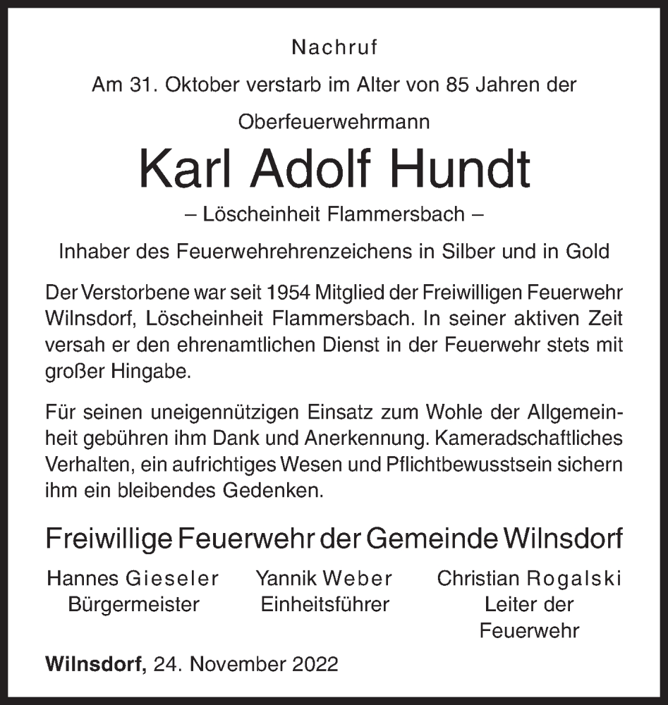  Traueranzeige für Karl Adolf Hundt vom 24.11.2022 aus Siegener Zeitung