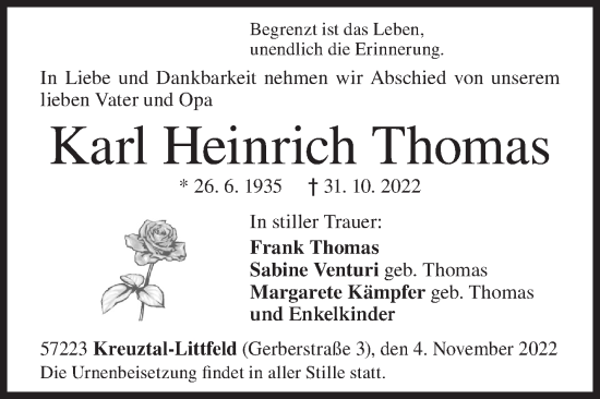 Traueranzeige von Karl Heinrich Thomas von Siegener Zeitung
