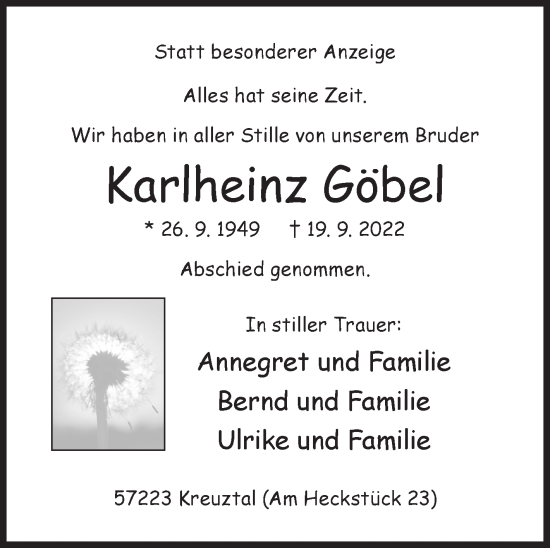Traueranzeige von Karlheinz Göbel von Siegener Zeitung