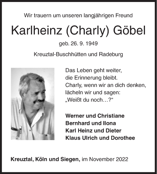 Traueranzeige von Karlheinz Göbel von Siegener Zeitung