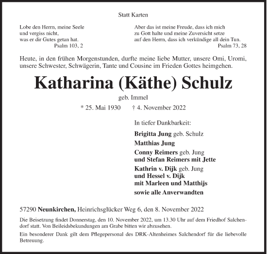 Traueranzeige von Katharina Schulz von Siegener Zeitung