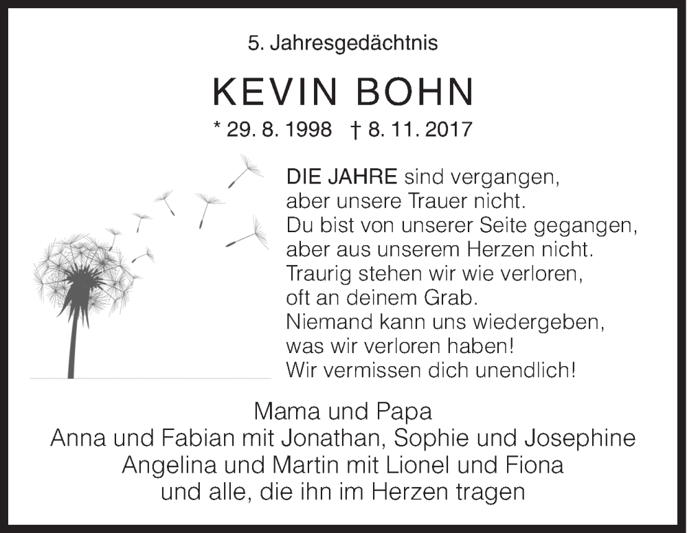  Traueranzeige für Kevin Bohn vom 08.11.2022 aus Siegener Zeitung