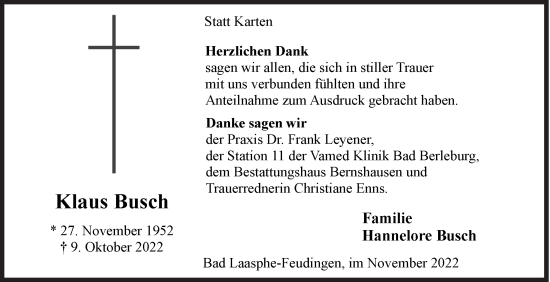 Traueranzeige von Klaus Busch von Siegener Zeitung