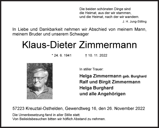 Traueranzeige von Klaus-Dieter Zimmermann von Siegener Zeitung